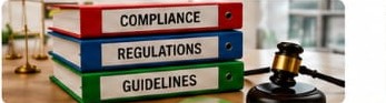Ring binders labelled COMPLIANCE, REGULATIONS and GUIDELINES beside scales of justice and a gavel
