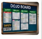 DOJO BOARD notice board with SAFETY, QUALITY, DELIVERY and PEOPLE columns and a SAFETY FIRST strip