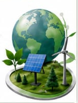 Globe on a green disc with a solar panel, wind turbine and conifers