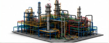 3D model of a process plant with colour-coded piping